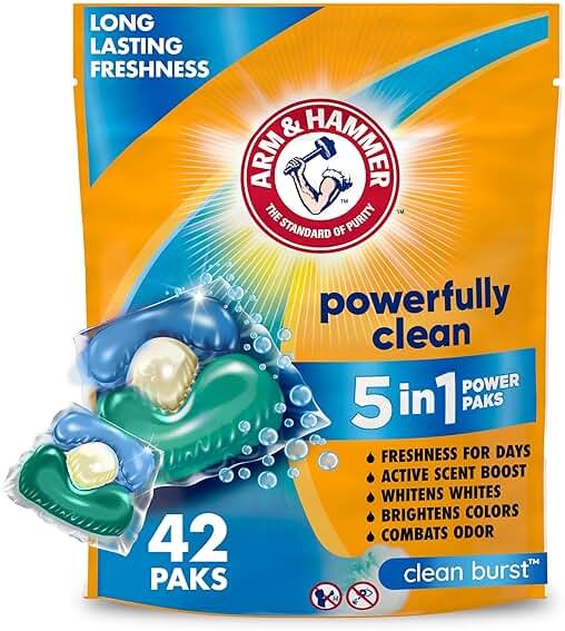 ARM & HAMMER Clean Burst 5-in-1 Laundry Detergent Power Paks, Powerfully Clean, Clean Burst Scent, 42 Count - Product Image