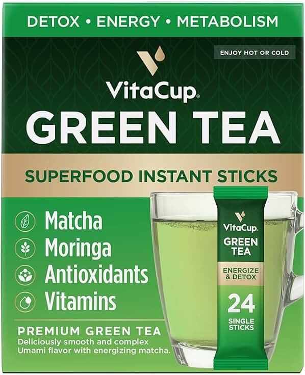 VitaCup Green Tea Instant Packets, Enhance Energy & Detox with Matcha, Moringa, B Vitamins, D3, Fiber, Keto, Paleo, Vegan in Tea Powder Single Serving Sticks, 24 Ct - Product Image