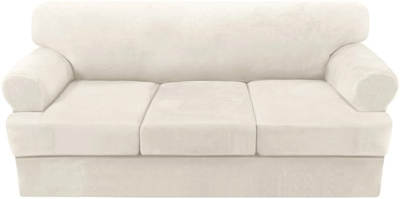 H.VERSAILTEX Sofa Cover 4 Piece T Cushion Sofa Slipcovers Couch Cover Furniture Protector Stretch T Cushion Sofa Covers for 3 Cushion Couch with 3 Individual T Cushion Covers, Ivory - Product Image