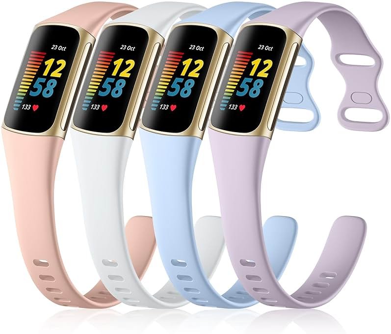 GEAK 4 Pack Slim Band Compatible with Fitbit Charge 5/Charge 6 Bands Women Men, Soft Silicone Sport Replacement Wristbands for Fitbit Charge 5/Charge 6 Fitness Tracker, Pink/Lilac/White/Lavender - Product Image