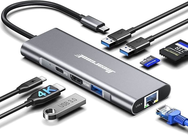 Hiearcool USB C Hub Ethernet 8-in-1, 4K@60Hz USB-C to HDMI Multiport Adapter with 1Gbps RJ45, 100W PD, 3 USB 3.0, SD/TF, Compatible for MacBook Pro/Air, Dell, Lenovo Laptops - Product Image