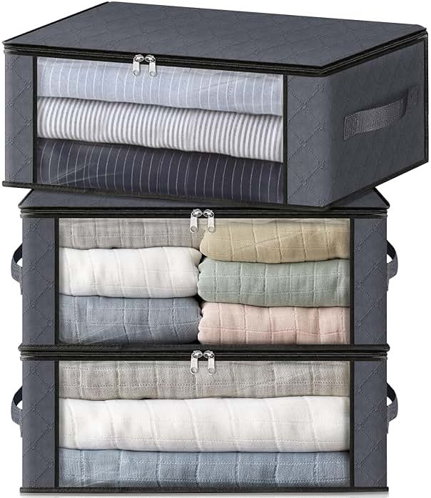 HomeHacks Storage 3-Pack Clothes Organizer Storage Bags Foldable Storage Box with Large Clear Window Sturdy Handles for Closet, Dorm, Pillows, Bedding, Clothes, Blankets, 35L, Gray - Product Image