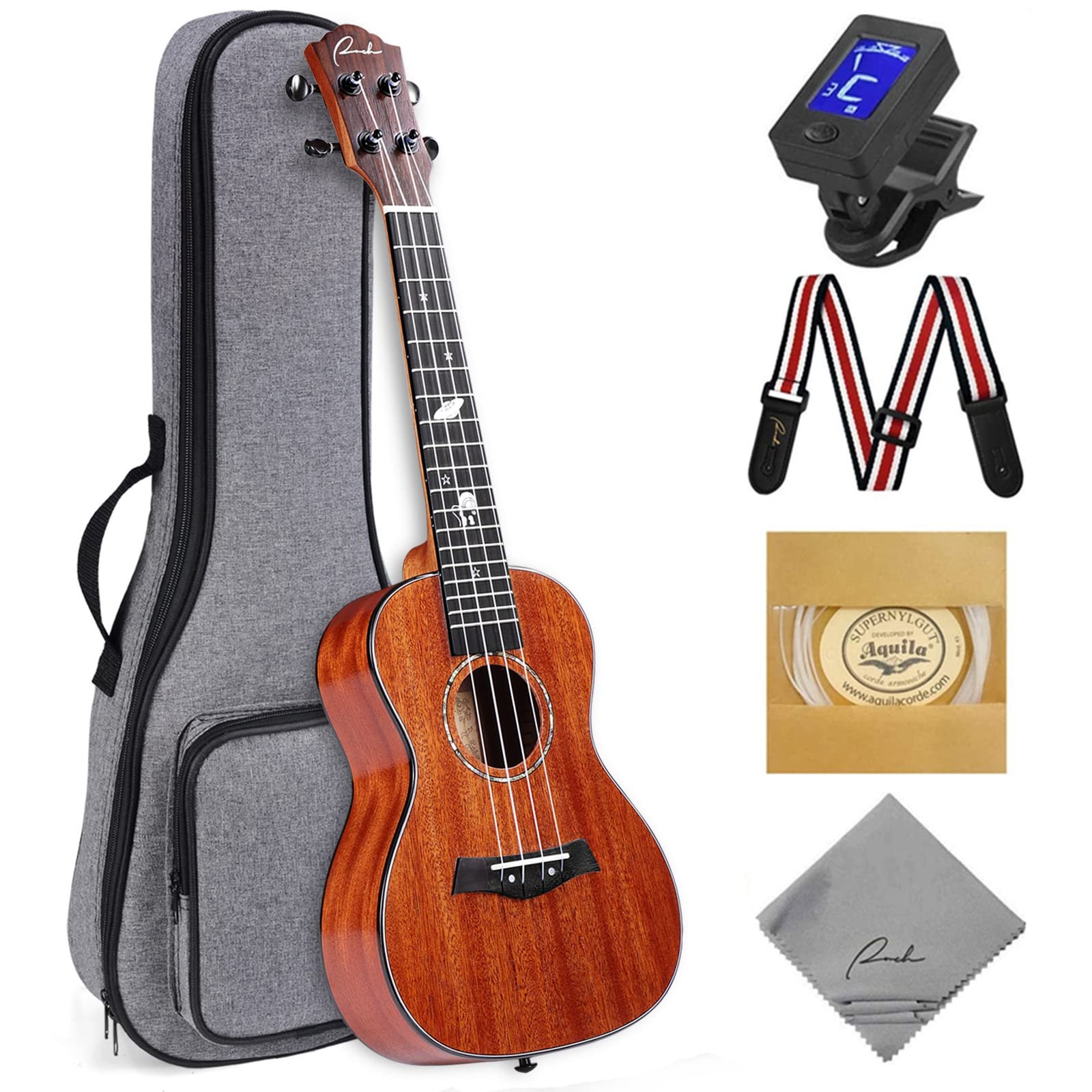 Ranch Concert Ukulele 23 inch Solid Top Ukelele Kit Professional Small Hawaiian Guitar Ukalalee Starter Pack Bundle Gig bag, Tuner, Strap, Aquila String Set, 12 Online Lessons - Glossy - Product Image