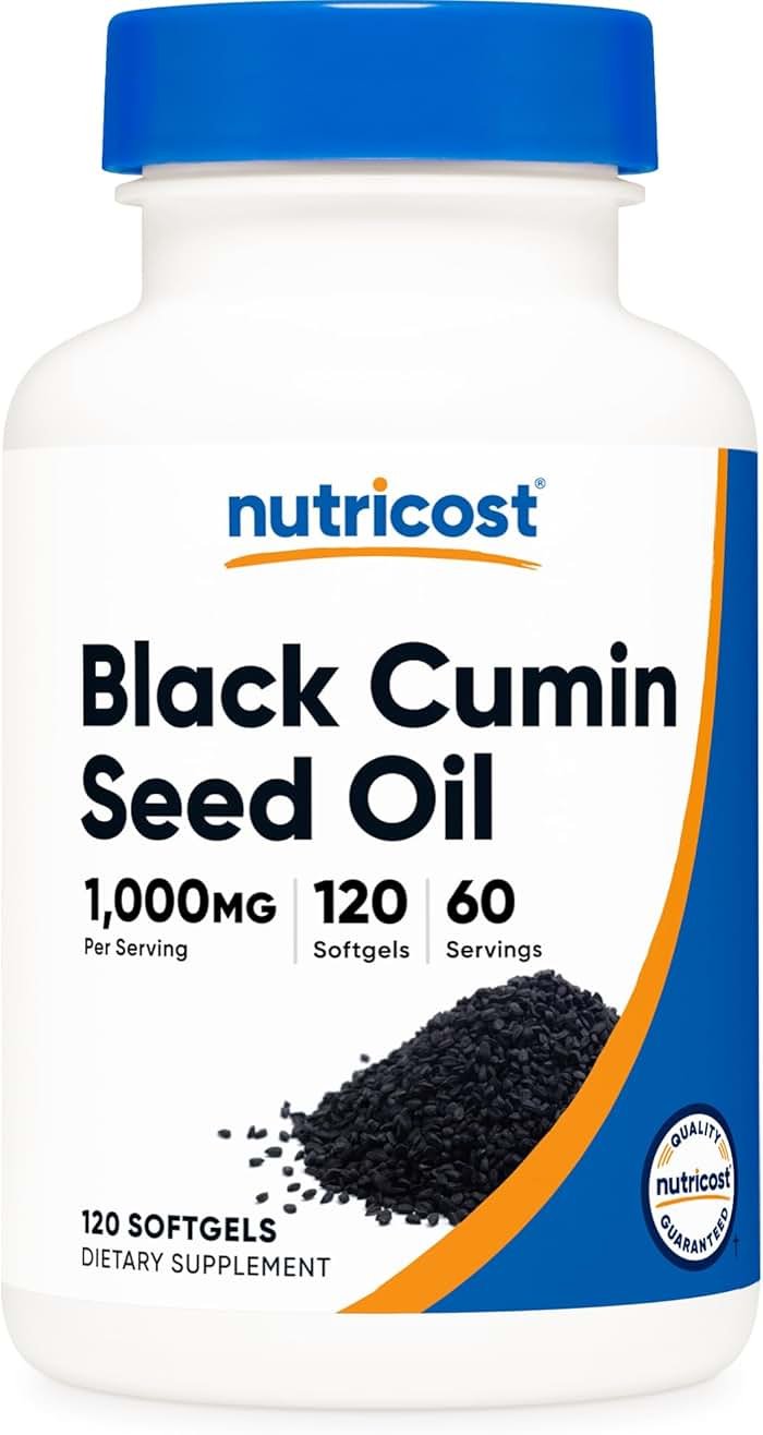 Nutricost Black Seed Oil (Cumin) - Cold Pressed, Source of Omega 3 6 9-120 Softgels, 1000mg Per Serving, 60 Servings - Non-GMO and Gluten Free - Product Image