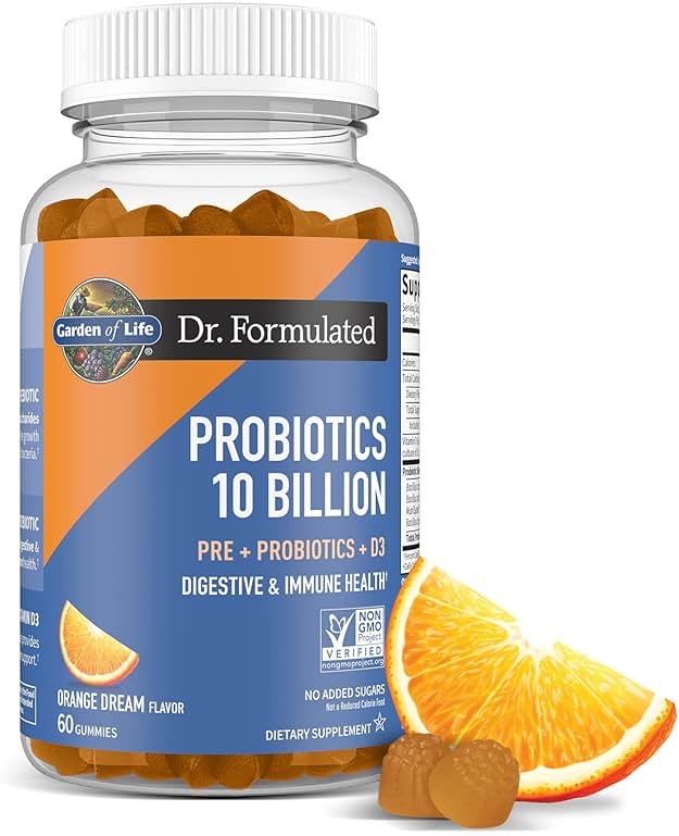 Garden of Life Dr Formulated 10 Billion CFU Prebiotic Fiber & Probiotic Gummies with Vitamin D3 for Digestive and Immune Health – Gluten Free, Non GMO, No Added Sugar, Orange Dream Flavor, 60 Gummies - Product Image