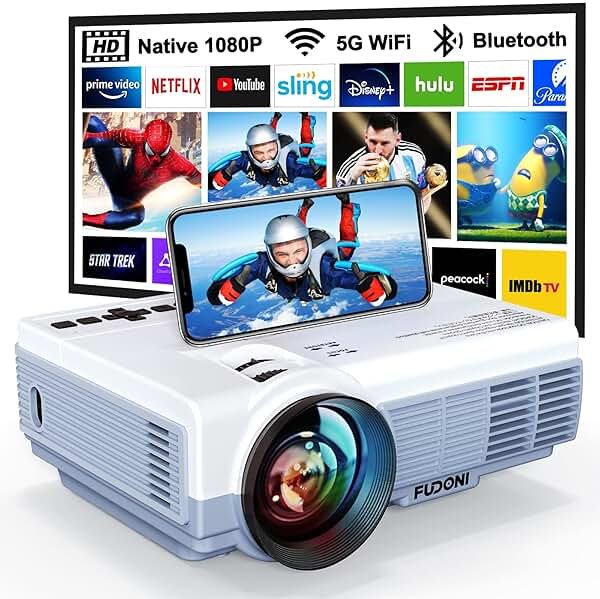 FUDONI Projector with 5G WiFi & Bluetooth, Native 1080P 18000L Portable Movie Projector for Home Theater Outdoor, Built-in Speaker, Compatible with HDMI, USB, AV, Fire Stick, Laptop, iOS, Android, PS5 - Product Image