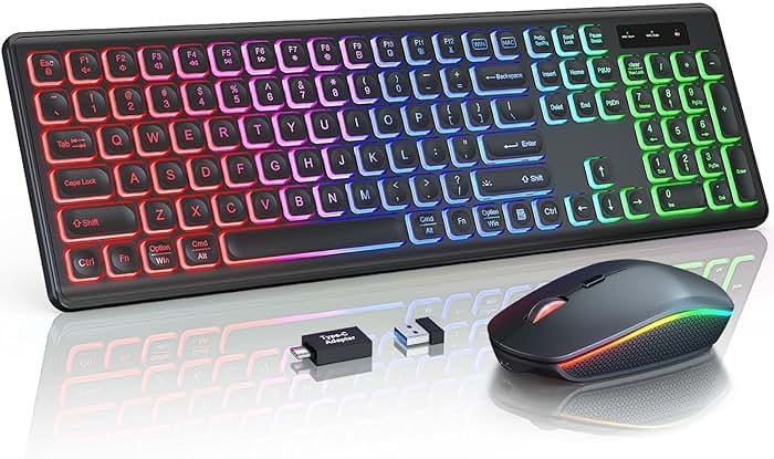 Wireless Keyboard and Mouse Combo - RGB Backlit, Rechargeable & Light Up Letters, Full-Size, Ergonomic Tilt Angle, Sleep Mode, 2.4GHz Quiet Keyboard Mouse for Mac, Windows, Laptop, PC - Product Image