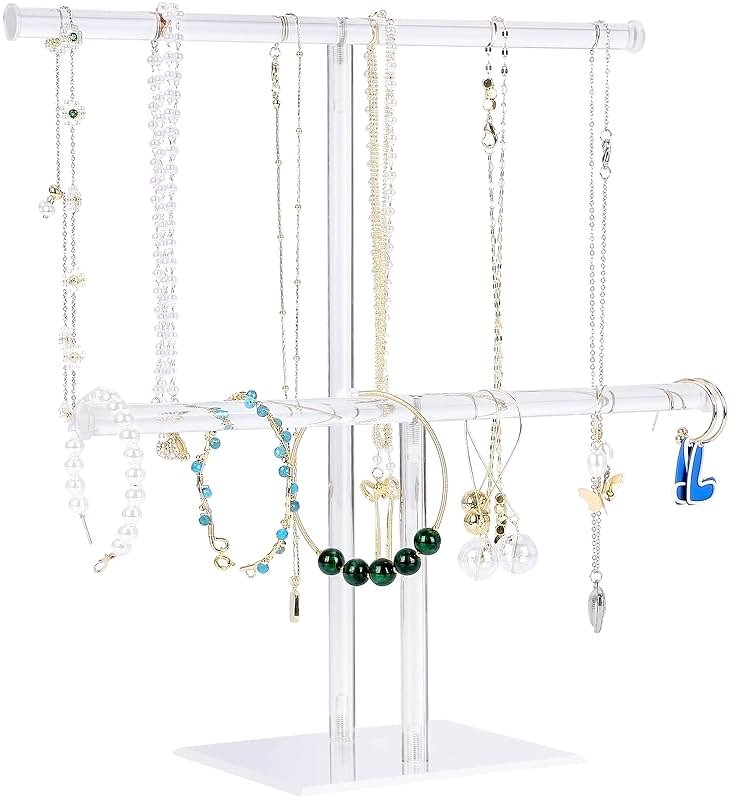 Jewelry Stand Necklace Holder, Acrylic Jewelry Display Holder, Necklace and Bracelet Hanging Organizer, Clear 2-Tier Tower Stand for Bangles, Necklaces, Bracelets, Rings, Earrings and Watch - Product Image