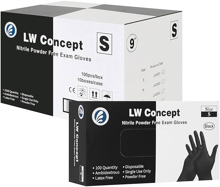 LW Concept Disposable Nitrile Gloves, Chemical Resistant, Powder-Free, Latex-Free, Non-Sterile, Food Safe, 5 Mil, Black, 1000-Count (Small) - Product Image
