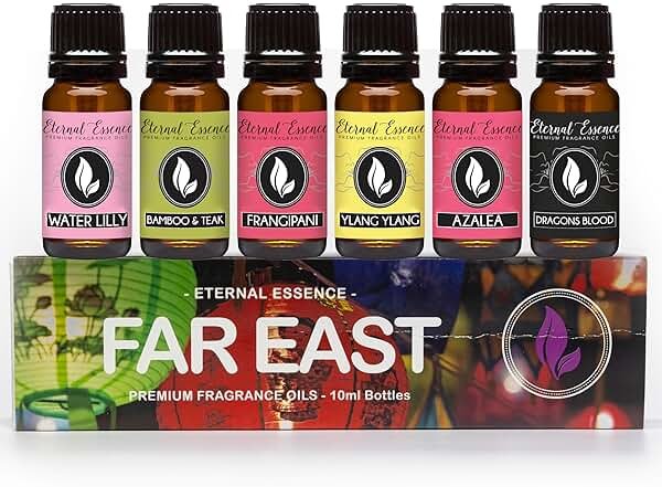 Eternal Essence Oils Far East Set of 6 Premium Fragrance Oils - Includes Water Lily, Bamboo & Teak, Frangipani, Azalea, Ylang Ylang and Dragon's Blood Scented Oils - 10ML - Product Image