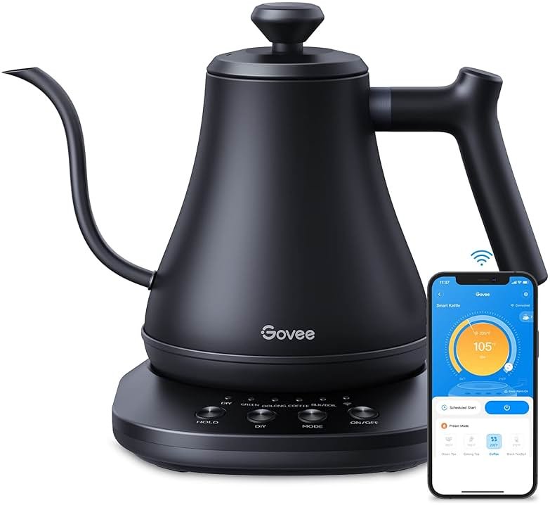 Govee Smart Electric Kettle, WiFi Variable Temperature Gooseneck Pour Over Kettle and Tea Kettle, Alexa Control, 1200W Quick Heating, 100% Stainless Steel, 0.8L, Matte Black - Product Image