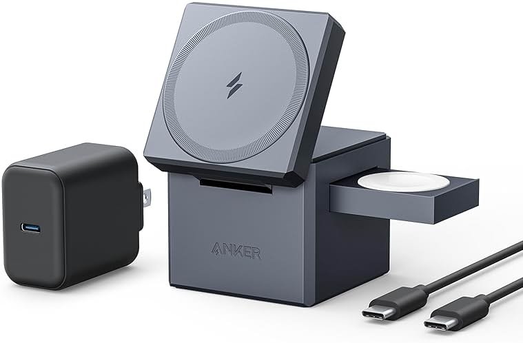 Anker 3-in-1 Cube Wireless Charger, MagSafe Charging Stand, 15W Foldable Fast Charging Station for iPhone 17/16/15, Apple Watch 1-8/Ultra, AirPods (Adapter Included, Non-Battery) - Product Image