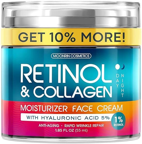 Retinol Cream for Face with Hyaluronic Acid, Day-Night Anti-Aging Moisturizer for Women, Men, Collagen Cream for Face Reduces Wrinkles, Dryness, 1.85 Oz - Product Image