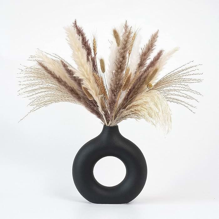 CEMABT Black Donut Vase Hollow Ceramic Vase for Flowers Handmade Minimalist Boho ins Style Modern Home Decor for Wedding Dinner Table Party Living Room Office Bedroom（M - Product Image