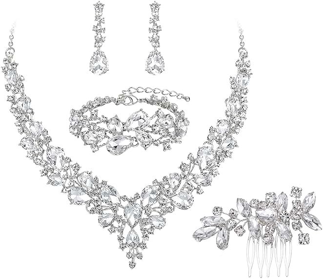 BriLove Wedding Bridal Jewelery for Women Austrian Crystal Teardrop Cluster Statement Necklace Dangle Earrings Link Bracelet Set - Product Image
