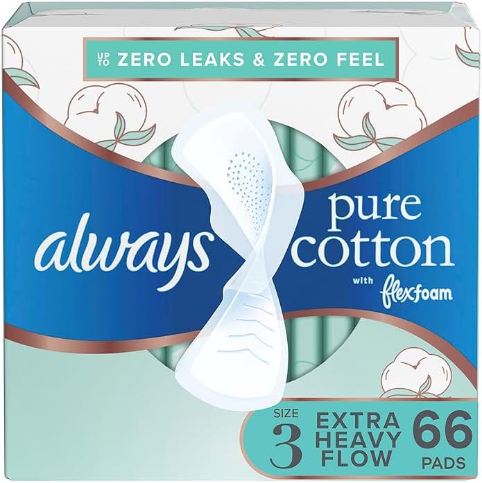 Always Pure Cotton Feminine Pads for Women, FlexFoam Pads with Wings, Size 3, Extra Heavy Flow Absorbency, Unscented, 66 Count (3 Packs of 22) - Product Image