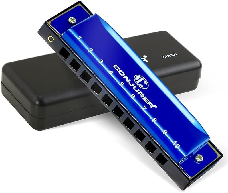 CONJURER Blues Harmonica for Adult Beginners 10 Hole Diatonic Harmonica Key of C, Brass Reed Metal Mouth Organ C Key Blues Harp with Case, Blue - Product Image