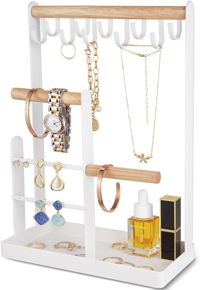 ProCase Cute Jewelry Stand, Aesthetic Jewelry Organizer for Dresser Vanity, Jewelry Holder Display for Necklaces Earrings, Gifts for Teen Girls Women, Bedroom Dorm Decor -Medium, White - Product Image