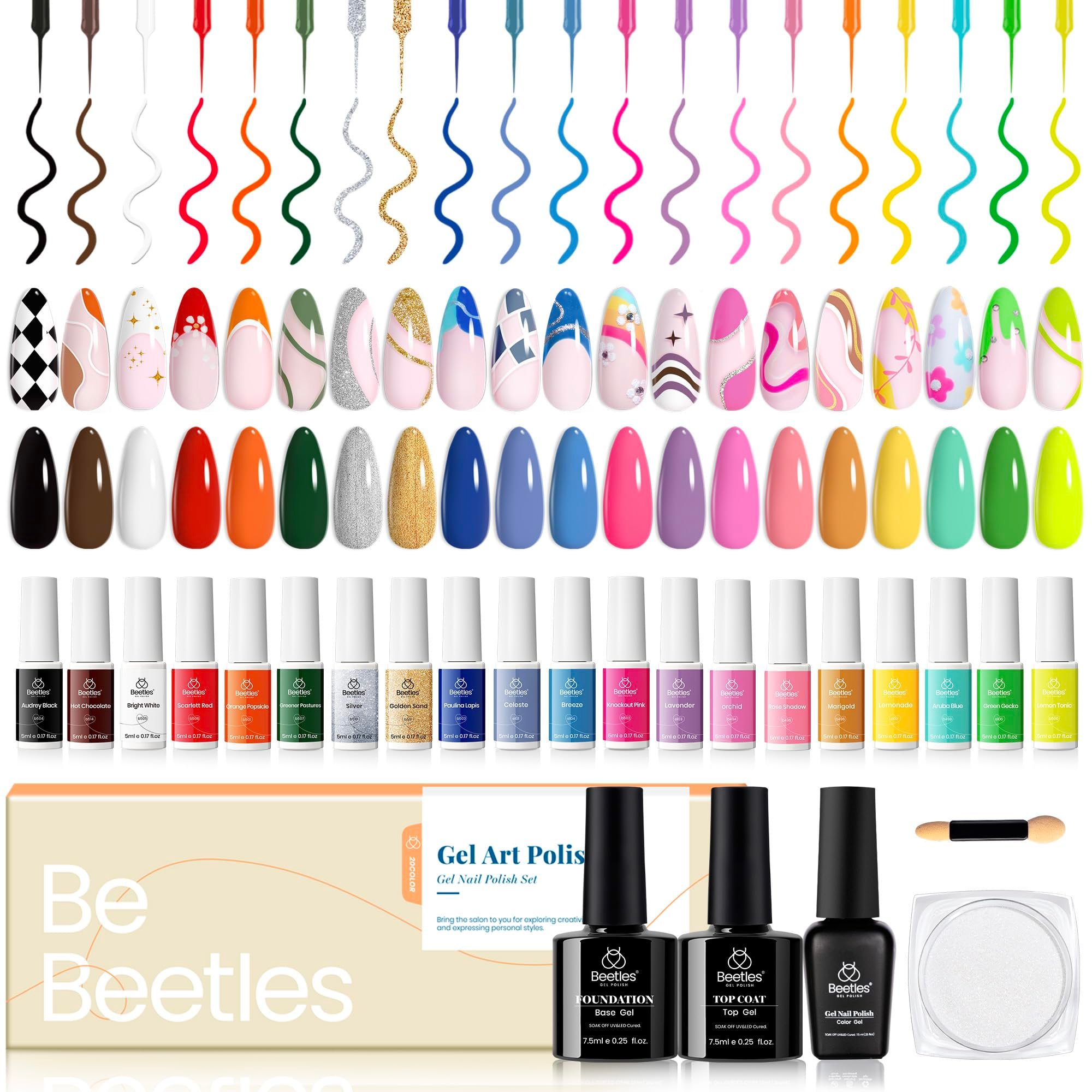 Beetles Gel Liner Nail Art Polish Set Pastel Gel Nail White Gold Red Glitter Neon French Tip Nails Polish Paint Swirl Built Thin Brush in Bottle Soak off Uv Lamp Nails Art Kit Gifts for Women - Product Image