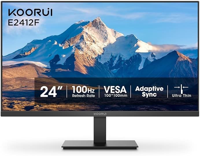 KOORUI 24-inch Computer Monitor Full HD 1920 x 1080p 100Hz VA Display 4000:1 Contrast Ratio with HDMI VGA, TÜV Rheinland Certified, 100 x 100 mm VESA Mountable, Ultra-Slim Design, Tilt, Black, E2412F - Product Image