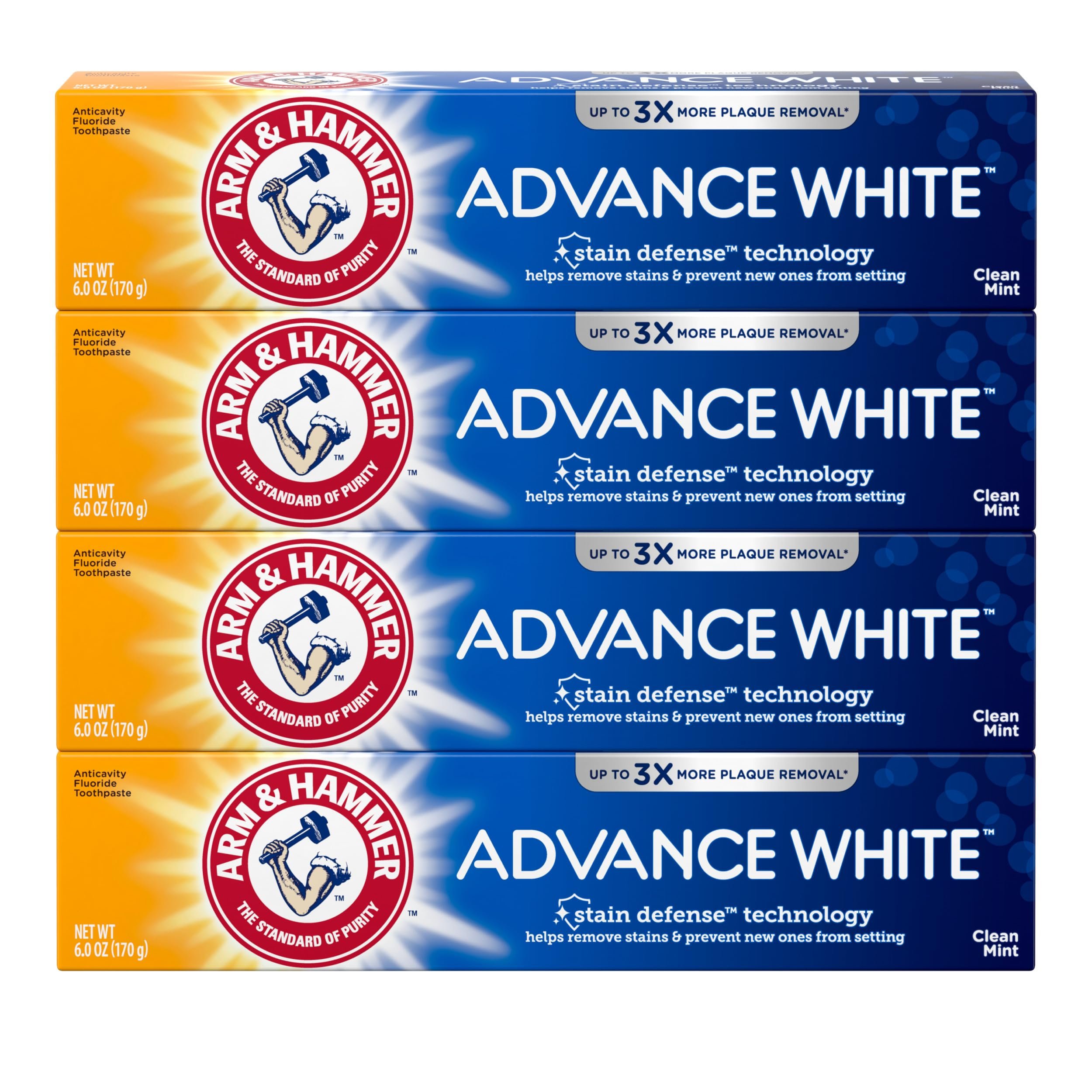 ARM & HAMMER Advance White Toothpaste, Teeth Whitening Baking Soda Toothpaste with Stain Defense Technology and Fluoride, Clean Mint Flavor, 6.0 Oz (4 Pack) - Product Image