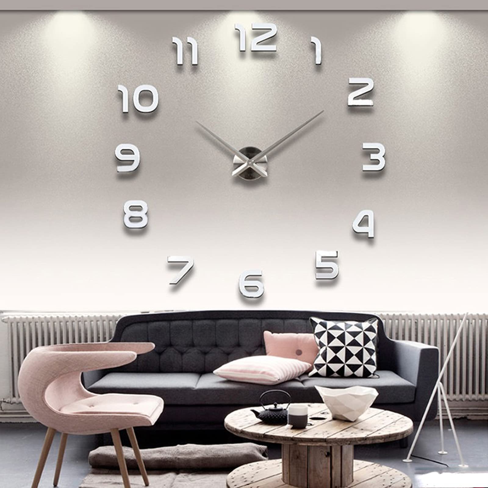THIDARGO 3D DIY Wall Clock Arabic Numerals Clock Frameless Mirror Surface Wall Sticker Home Decor for Living Room Bedroom(Not Including Battery) (19-27 Inch, Silver) - Product Image