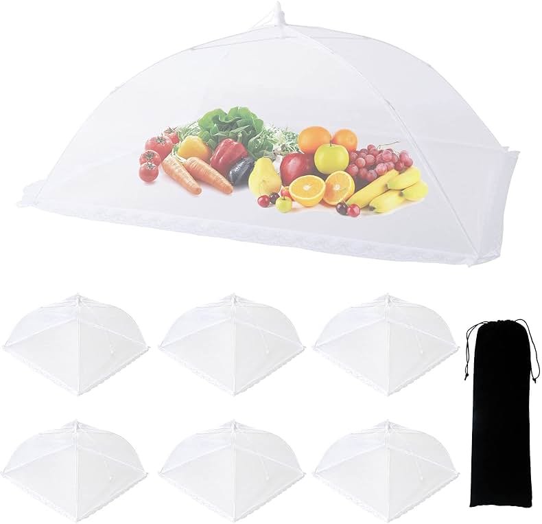 ZMCINER 7 Pack Food Covers for Outdoors Mesh Screen Include Food Tents 1 Extra Large (40"X 24") & 6 Standard (17"X 17") Collapsible and Reusable Mesh Covers for Outside, BBQ Party Supplies, Fruit - Product Image