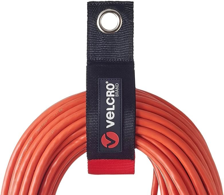 VELCRO Brand EASY HANG Extension Cord Organizer Holder | Large 18" Heavy Duty Straps for Garage Organization and Storage Grommet Hangs Easily on Wall Hooks or Nails 2pk, Holds 100lbs, Black - Product Image