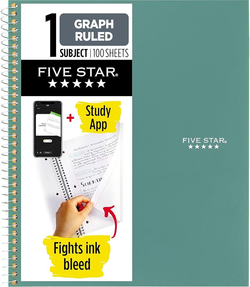 Five Star Spiral Notebook + Study App, 1 Subject, Graph Ruled Paper, 8-1/2" x 11", 100 Sheets, Fights Ink Bleed, Water Resistant Cover, Seaglass Green (620000CH1) - Product Image
