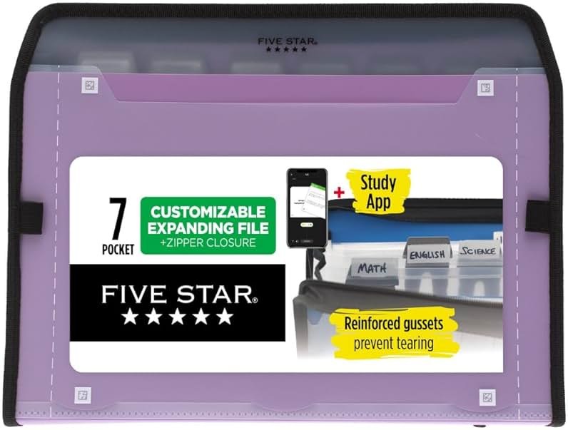 Five Star 7 Pocket Expanding File Organizer + Study App, Plastic Expandable File Folders with Customizable Tabs & Clear Cover, Holds 8-1/2" x 11", Zipper Closure, Amethyst Purple (351700G) - Product Image