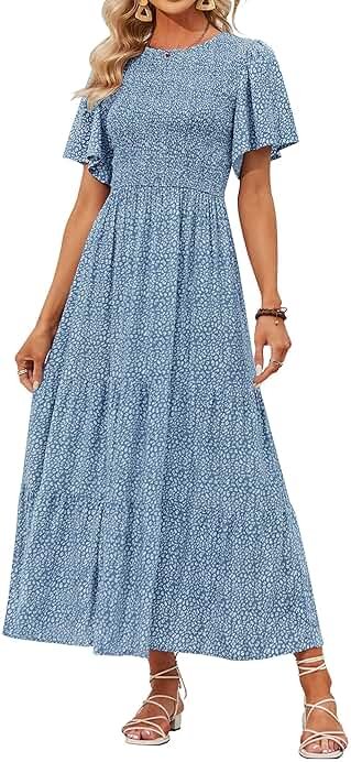 ZESICA Women's 2026 Summer Boho Floral Maxi Dresses Casual Short Flutter Sleeve Smocked Tiered Flowy Dress - Product Image