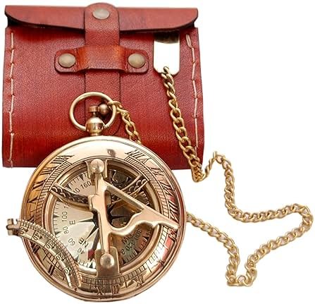 Vintage Brass Sundial Compass with Leather Case – Antique Nautical Marine Pocket Compass, Classic Navigation Tool for Hiking Camping, Unique Gift for Men, Father, Husband & Explorer - Product Image