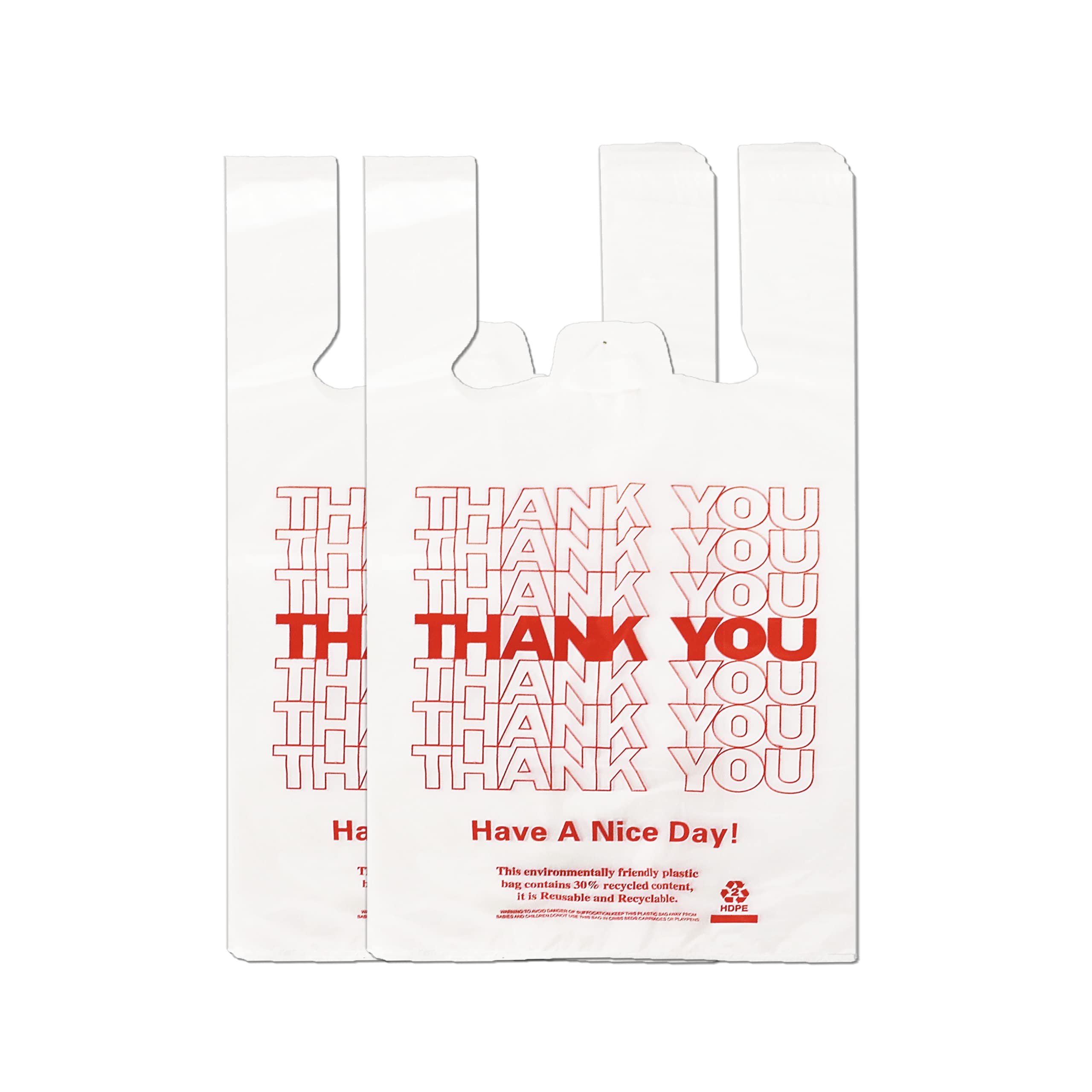 YoYoRain 100 Count White Thank You T-Shirt Bags, 11 x 6 x 21 in | Durable HDPE with handles, Thank You print, disposable carryout sacks for grocery, retail and takeout - Product Image