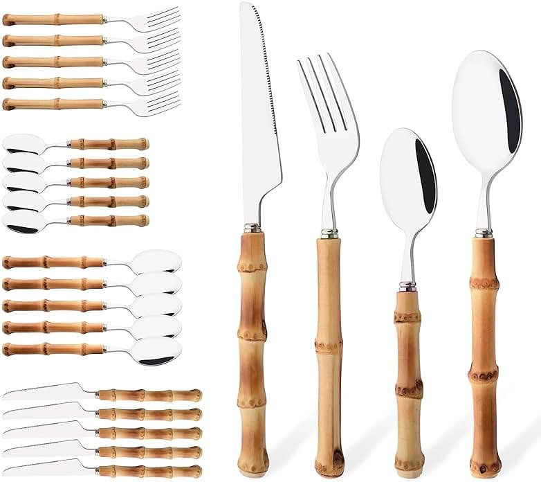Uniturcky Bamboo Handle Silverware Set, 24-Piece Flatware Set for 6, Stainless Steel Cutlery Eating Utensils Include Forks Spoons and Knives for Daily Use and Party, Reusable and Modern Design - Product Image