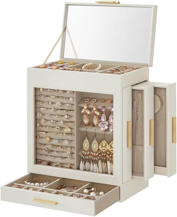 SONGMICS GISELLA Collection - Jewelry Box with Glass Window, 5-Layer Jewelry Organizer with 3 Drawers, Big Mirror, Modern, 6.1 x 10.3 x 12.6 Inches, Cloud White and Metallic Gold UJBC162W01 - Product Image