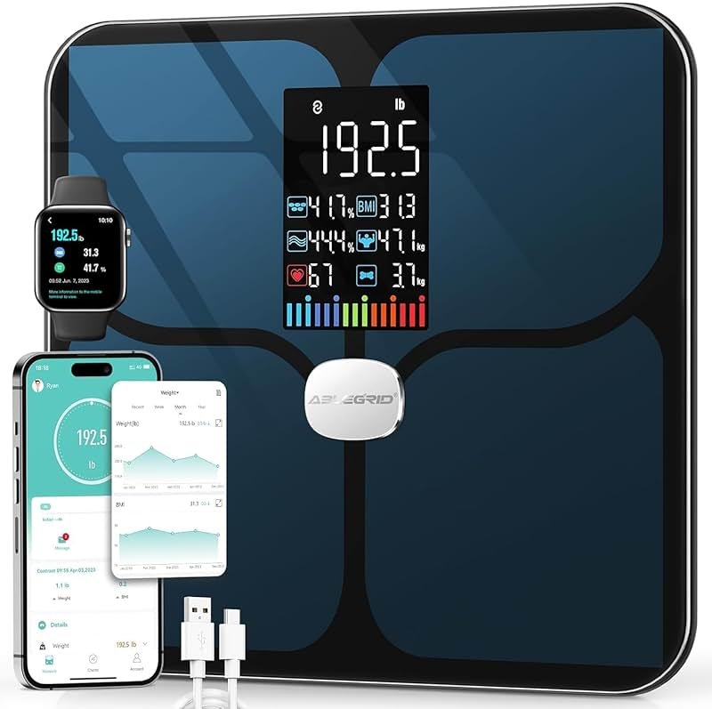 ABLEGRID Rechargeable Digital Bathroom Scale for Body Weight, Smart Scale Tracks 22 Metrics Including Body Fat, BMI, Muscle Mass, Heart Rate, Baby Mode, Large Color Display, 400 lbs - Product Image