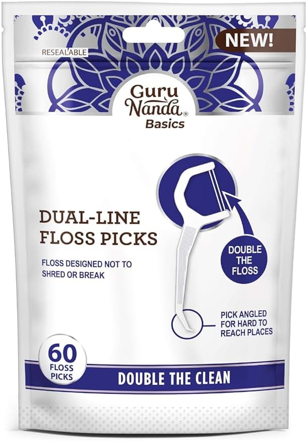 GuruNanda Dual Slickers Floss Picks - Double Threaded Dyneema Dental Floss with Foldable Toothpick for Effective Plaque Removal - Unflavored- 60 Ct - Product Image