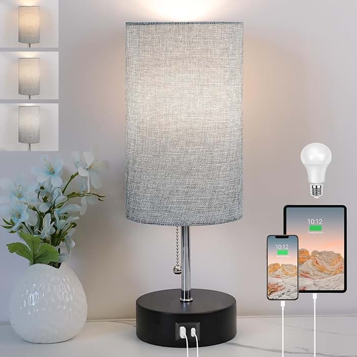 ROTTOGOON 3-Color Temperature Bedside Lamp Nightstand Lamp with USB A Port and C Port, Table Lamp for Bedroom with LED Bulb Small Lamps for Living Room (Gray) - Product Image