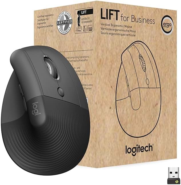 Logitech Lift for Business, Vertical Ergonomic Mouse, Wireless, Bluetooth or Secured Logi Bolt USB, Quiet clicks, Globally Certified, Windows/Mac/Chrome/Linux - Graphite - Product Image