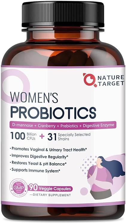 NATURE TARGET Probiotics for Women, 100 Billion CFUs Probiotic with Digestive Enzymes & Prebiotics, Vaginal Probiotics with Cranberry for Urinary Tract Health, pH Balance, 90 Veggie Capsules - Product Image