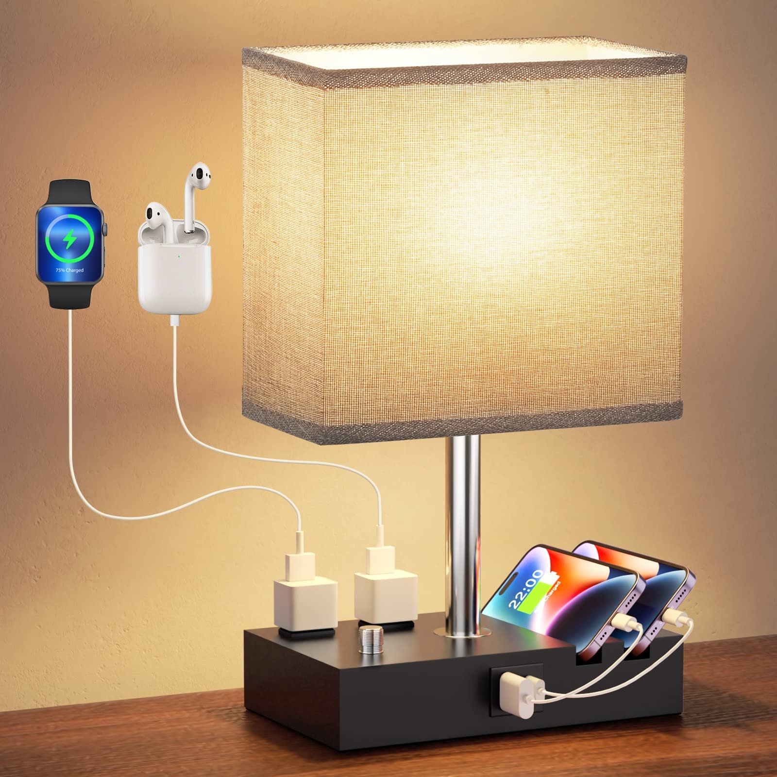 Kakanuo Fully Dimmable Nightstand Lamp for Bedroom with USB C Ports, Grey Small Bedside Table Lamp with Charging Outlets and Phone Stands, Wooden Desk Lamp for Living Room, LED Bulb Included - Product Image