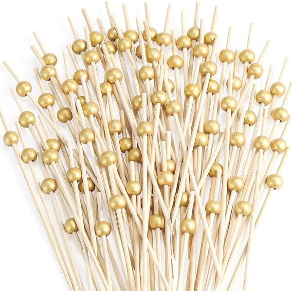 200 Pcs Cocktail Picks, 4.7 Inch Toothpicks for Appetizers, Bamboo Cocktail Sticks Skewers for Drinks, Desserts, Charcuterie, Wedding Party Fancy Toothpicks, Gold Pearl Mini Food Picks Decorative - Product Image