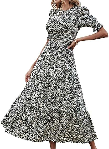 BTFBM Women Casual Summer Dresses 2026 Spring Crew Neck Ruffle Short Sleeve Smocked Floral Boho Flowy Maxi Dress Clothes - Product Image