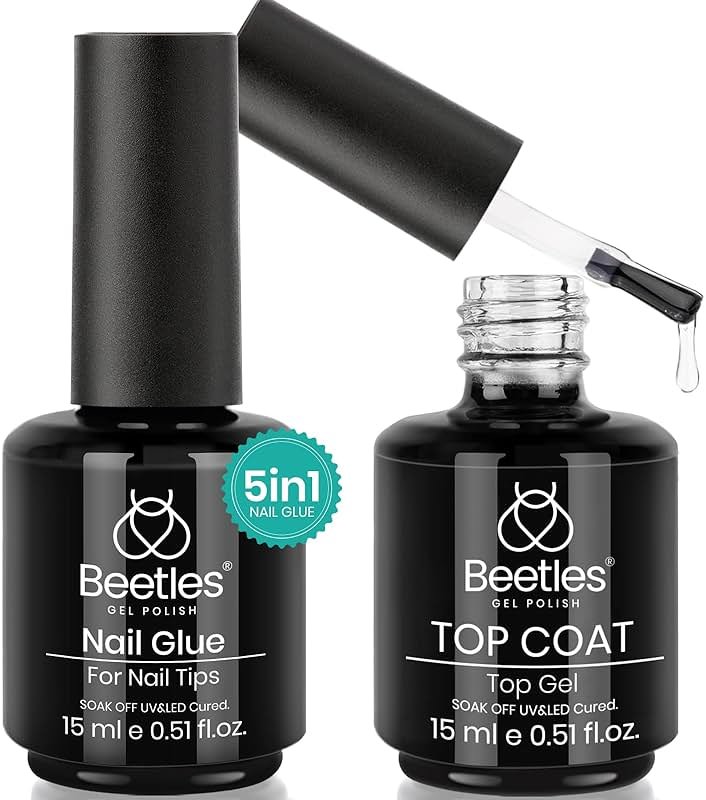 Beetles Gel Nail Glue and No Wipe Top Coat Kit, 2Pcs 15ml 9 in 1 UV Nail Glue for Acrylic Nail Tips Clear Press On Nails, Easy Nail Extension Gel, Soak Off LED Shine Finish DIY Home Manicure - Product Image
