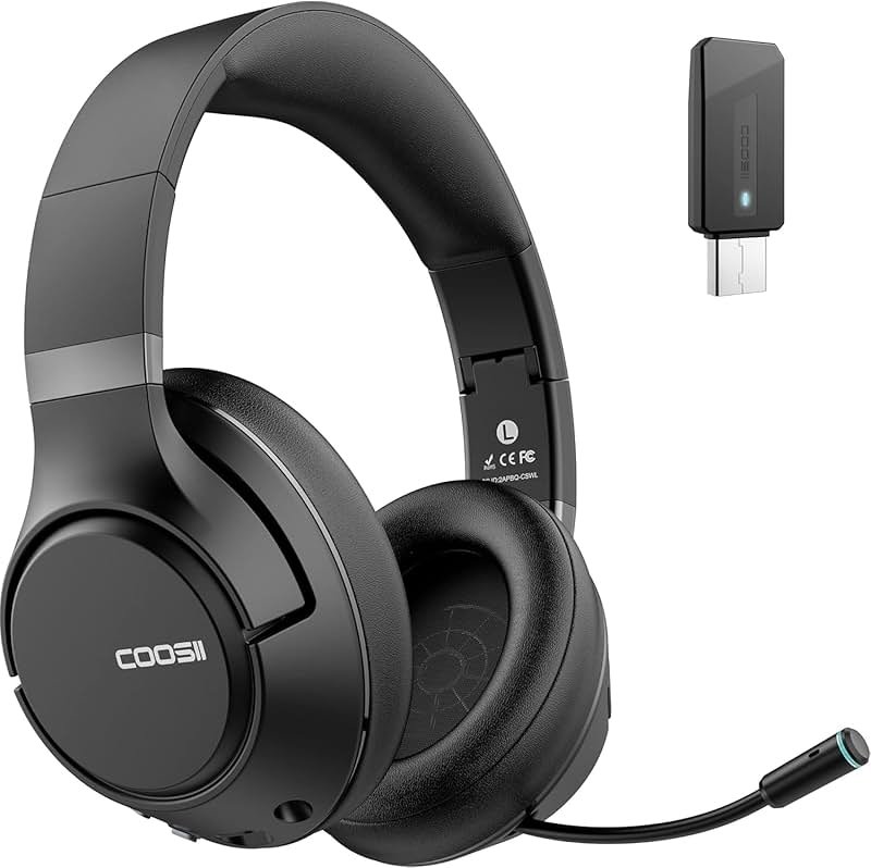 COOSII H300 Wireless Headphones with Microphone, Over Ear Bluetooth Headsets with USB Dongle & Mute, Environmental Noise Cancelling Retractable Mic for Work Office Call Center Laptop Computer (Black) - Product Image