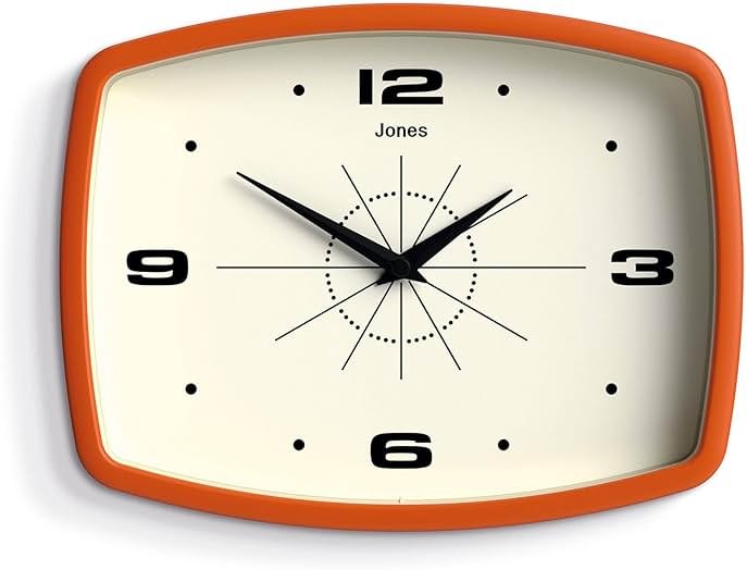 JONES CLOCKS® Movie wall Clock | Retro Rectangular Clock | 10 inch | Orange | Cool mid-Century Designer Look for Kitchen, Living Room or Office - Product Image