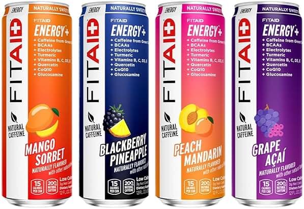 LIFEAID FITAID Energy, 200mg Natural Caffeine, Keto, Variety Pack, Optimum Performance Formula: BCAAs, Quercetin, Electrolytes, Omega-3s, 15 Calories, Paleo, Vegan & Gluten-Free, 12 Fl Oz (Pack of 12) - Product Image