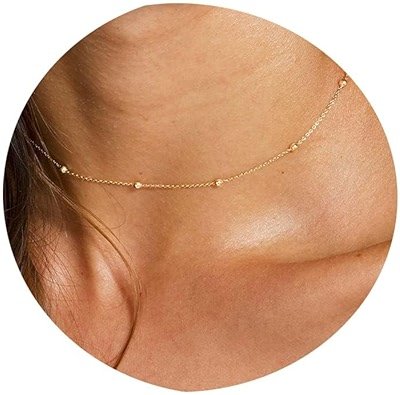 Tewiky Gold Chain Necklace for Women, 14k Gold Plated Thin Beaded Wave Box Necklace Dainty Simple Layered Choker Minimalist Link Chain Necklace Trendy Jewelry for Women - Product Image