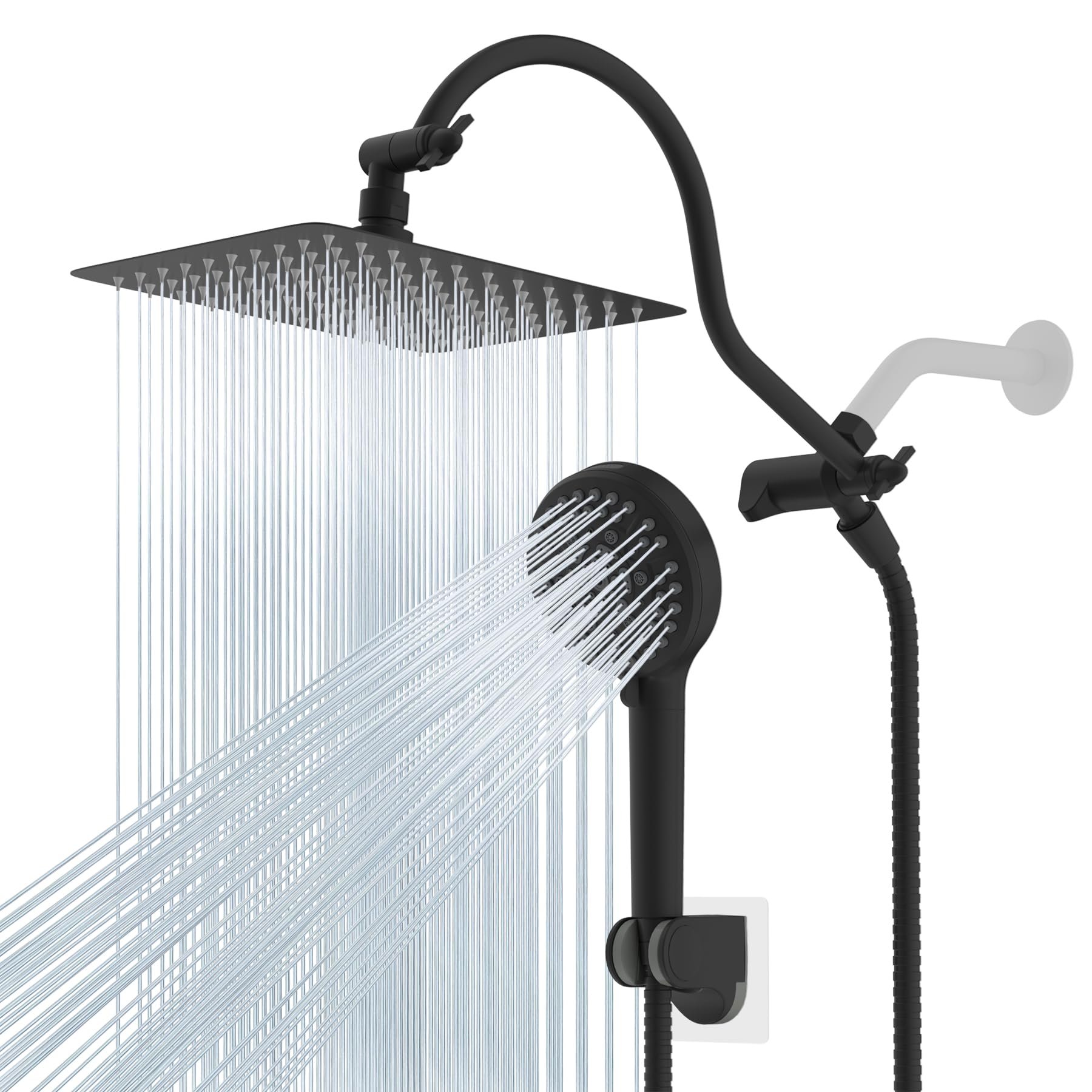 Hibbent All Metal High Pressure Rainfall 10'' Shower Head, CUPC Certified Handheld Showerhead Combo, 12'' Adjustable Shower Extension Arm, 10-Spray, 71'' Hose, Adhesive Showerhead Holder, Matte Black - Product Image