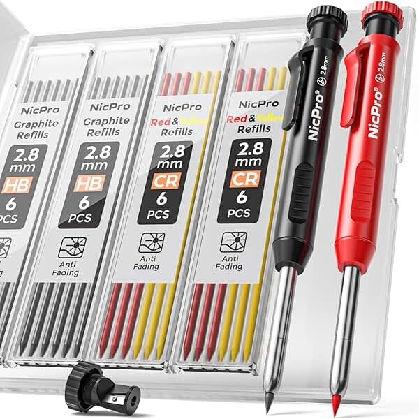 Nicpro Carpenter Pencil with Sharpener, Mechanical Pencils Set with 26 Refills, Deep Hole Marker for Construction, Heavy Duty Woodworking Tools for Architect (Black, Red) - With Case - Product Image